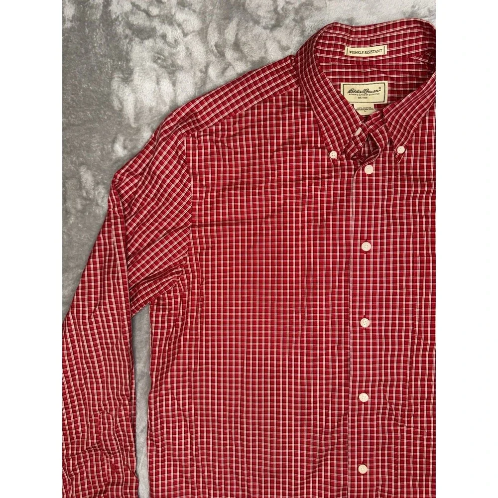 Eddie Bauer‎ Mens Shirt L Red Plaid Wrinkle Resistant Button Down Chest Pocket